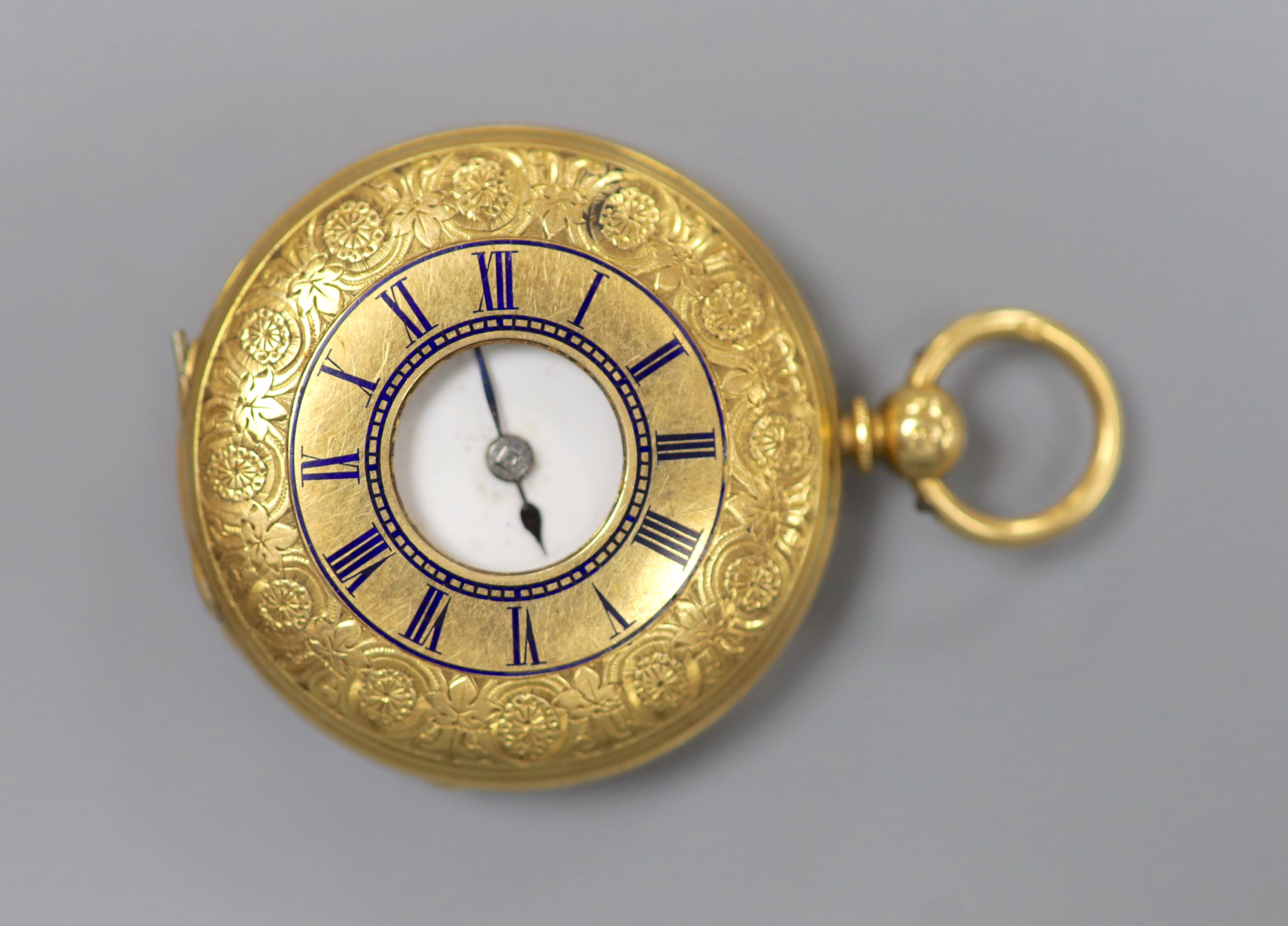 A late 19th century engraved 18ct gold half hunter keywind pocket watch